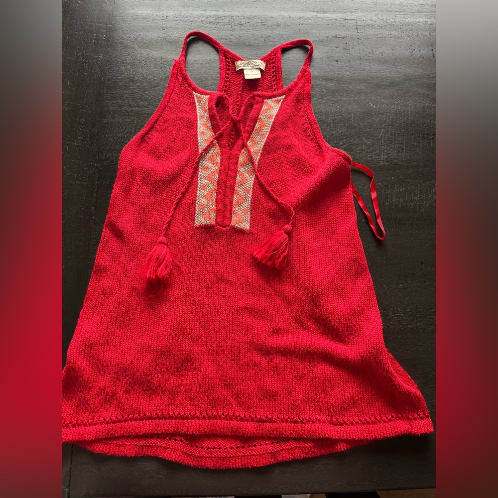 Lucky‎ Brand Red Knit Boho Tassel Tank Top Embroidered Racerback Small Tribal